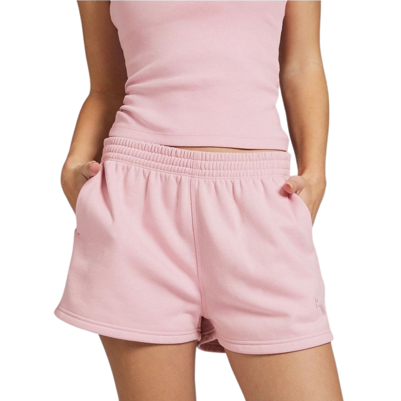 Rockwear women’s pink cosy fleece shorts with relaxed fit, side phone pockets, and regular rise, perfect for lounging or casual outings.