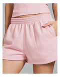 Rockwear women’s pink cosy fleece shorts with relaxed fit, side phone pockets, and regular rise, perfect for lounging or casual outings.