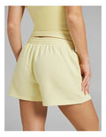 Rockwear women’s yellow cosy fleece shorts with relaxed fit, regular rise, and side phone pockets, perfect for lounging or casual wear.
