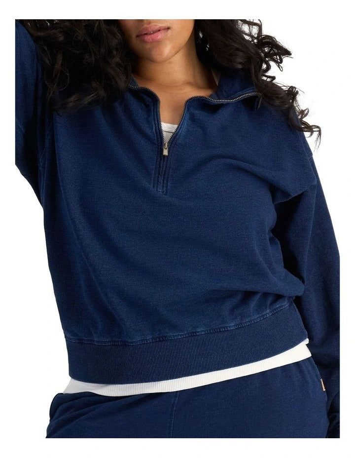 Bonds Denim Wash Half Zip Pullover in Sea Blue Denim casual half zip sweatshirt