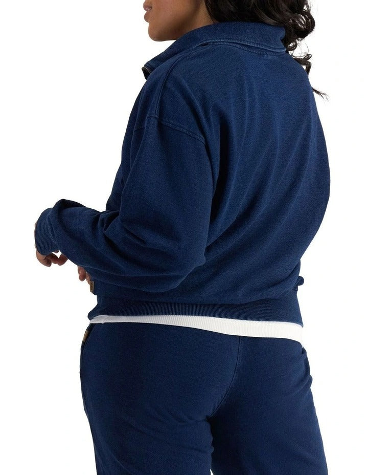 Bonds Denim Wash Half Zip Pullover in Sea Blue Denim casual half zip sweatshirt