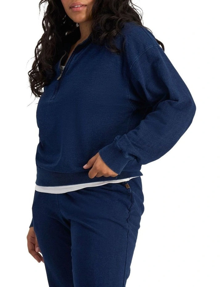 Bonds Denim Wash Half Zip Pullover in Sea Blue Denim casual half zip sweatshirt