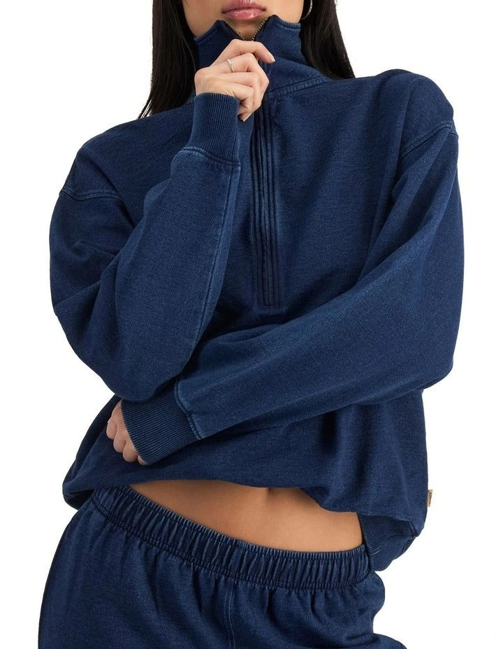 Bonds Denim Wash Half Zip Pullover in Sea Blue Denim casual half zip sweatshirt