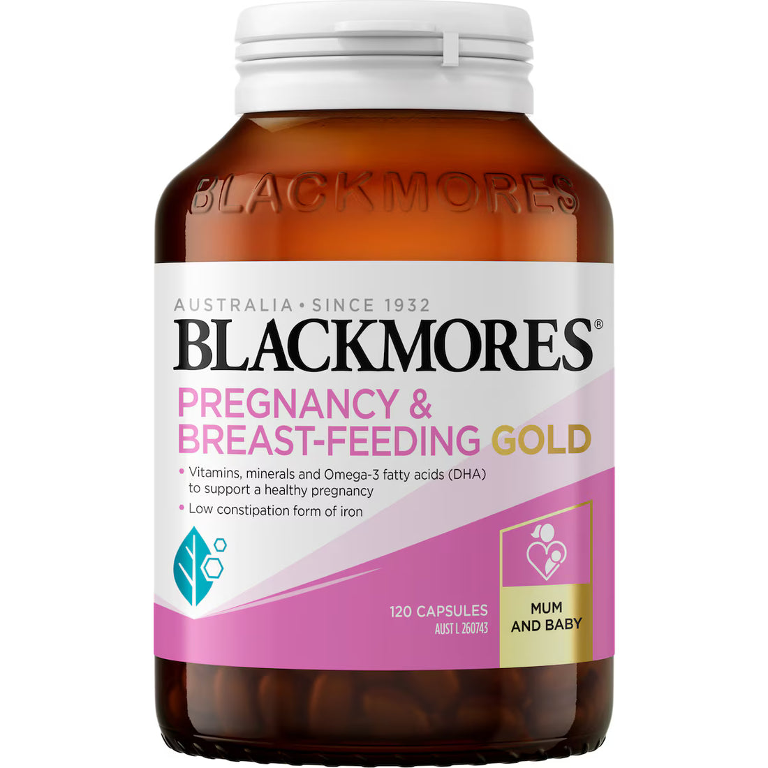 Blackmores Pregnancy & Breastfeeding Gold Vitamin Capsules 120 pack bottle — prenatal and postnatal supplement providing essential nutrients, DHA, and folic acid for mothers and babies.