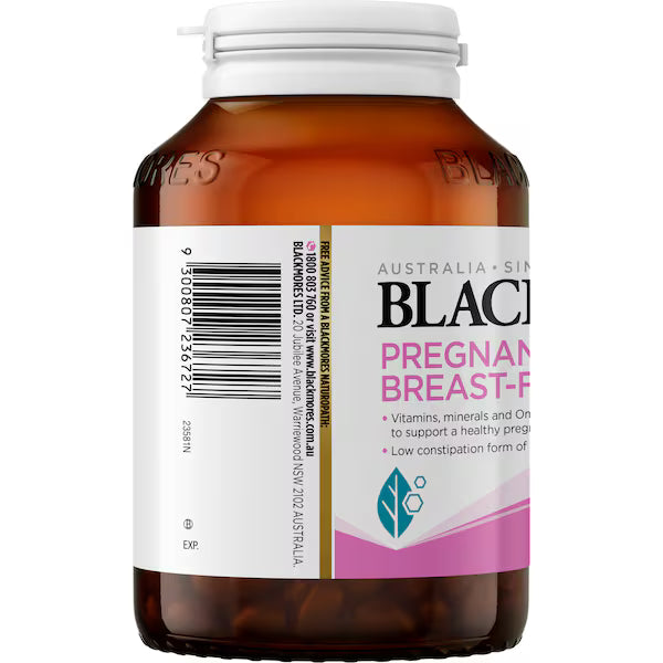 Blackmores Pregnancy & Breastfeeding Gold Vitamin Capsules 120 pack bottle — prenatal and postnatal supplement providing essential nutrients, DHA, and folic acid for mothers and babies.