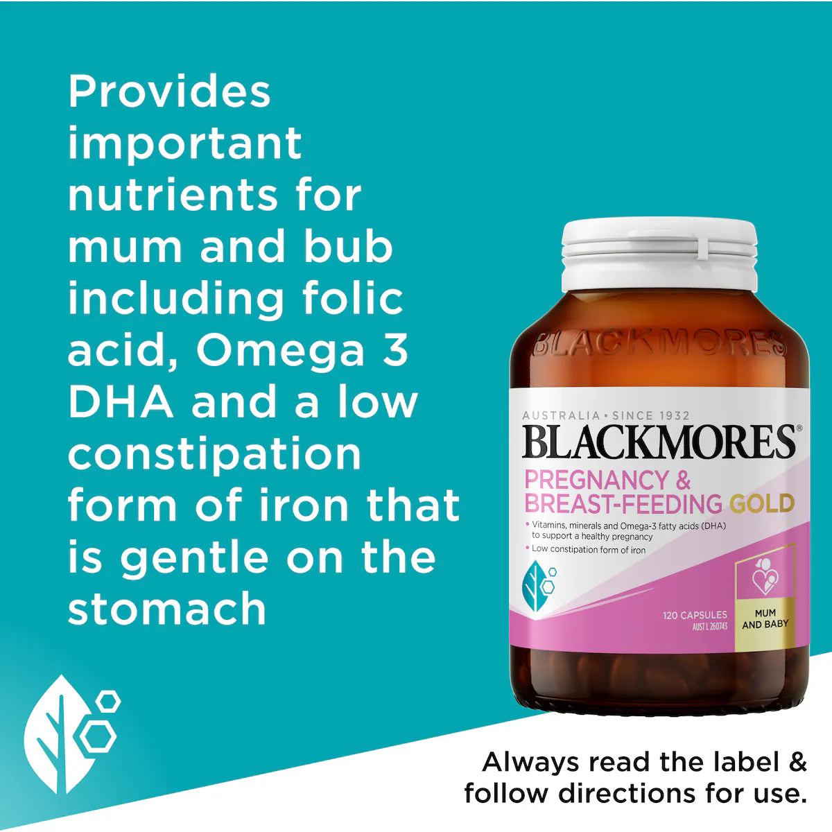 Blackmores Pregnancy & Breastfeeding Gold Vitamin Capsules 120 pack bottle — prenatal and postnatal supplement providing essential nutrients, DHA, and folic acid for mothers and babies.