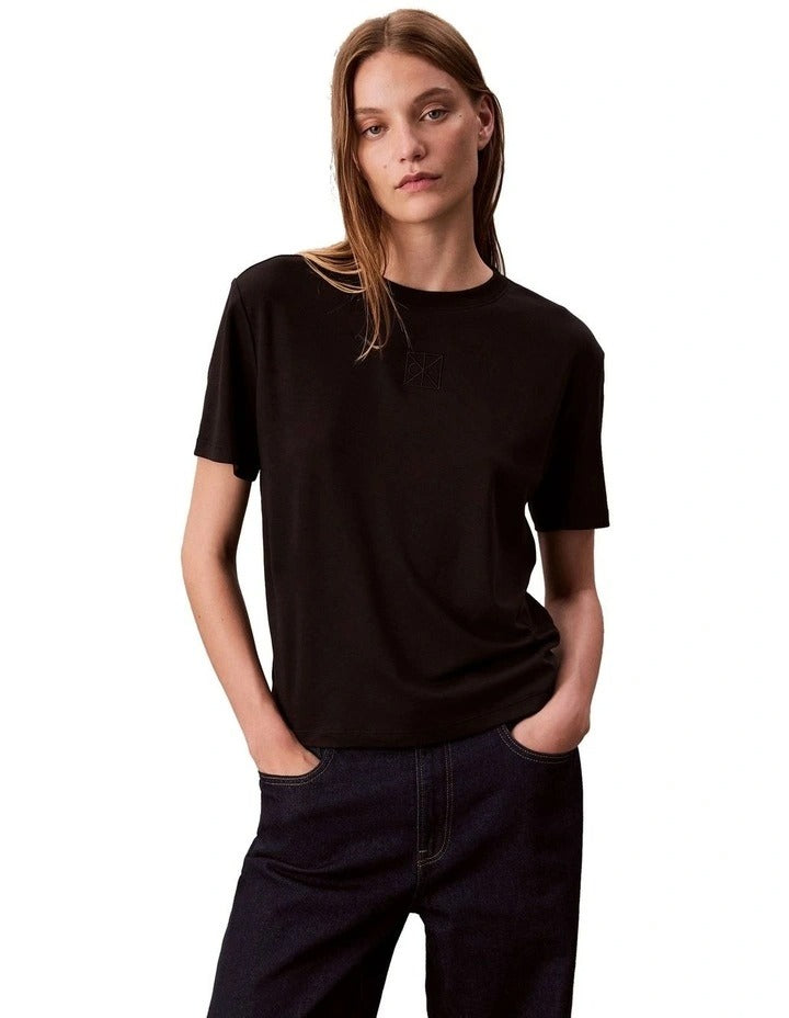 Calvin Klein women’s Pima cotton short sleeve crew neck t-shirt with logo emblem on chest