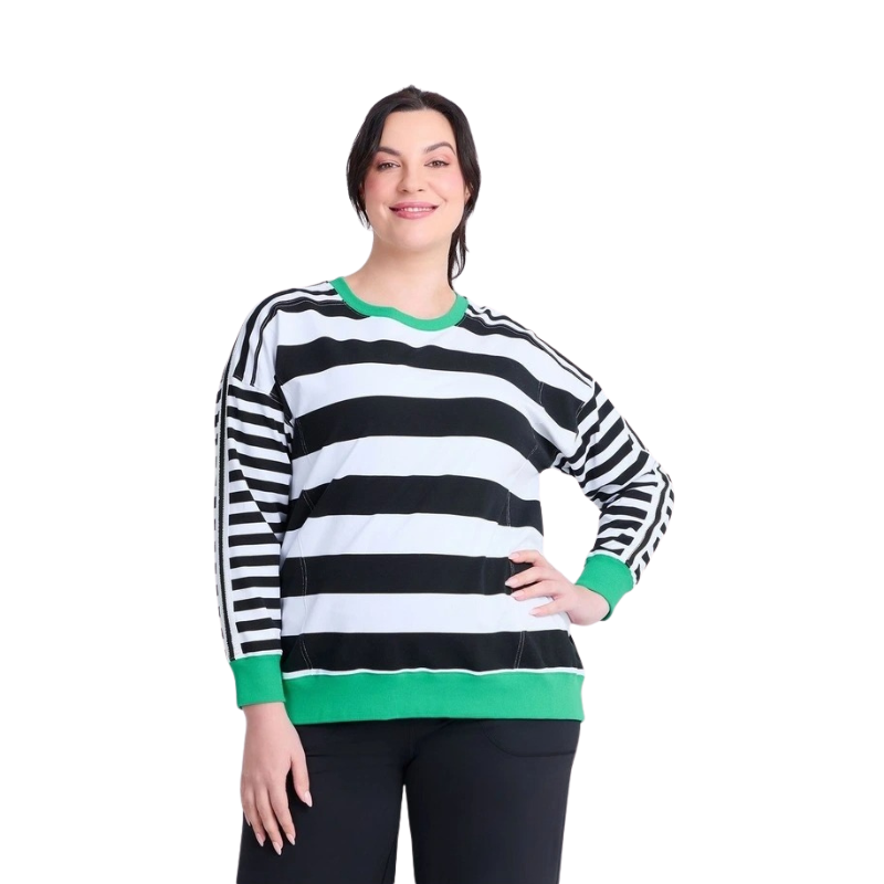 Taking Shape Cotton Stripe Mix Sweatshirt in Black with round neckline, ribbed cuffs, striped design, and long sleeves for plus-size fashionistas
