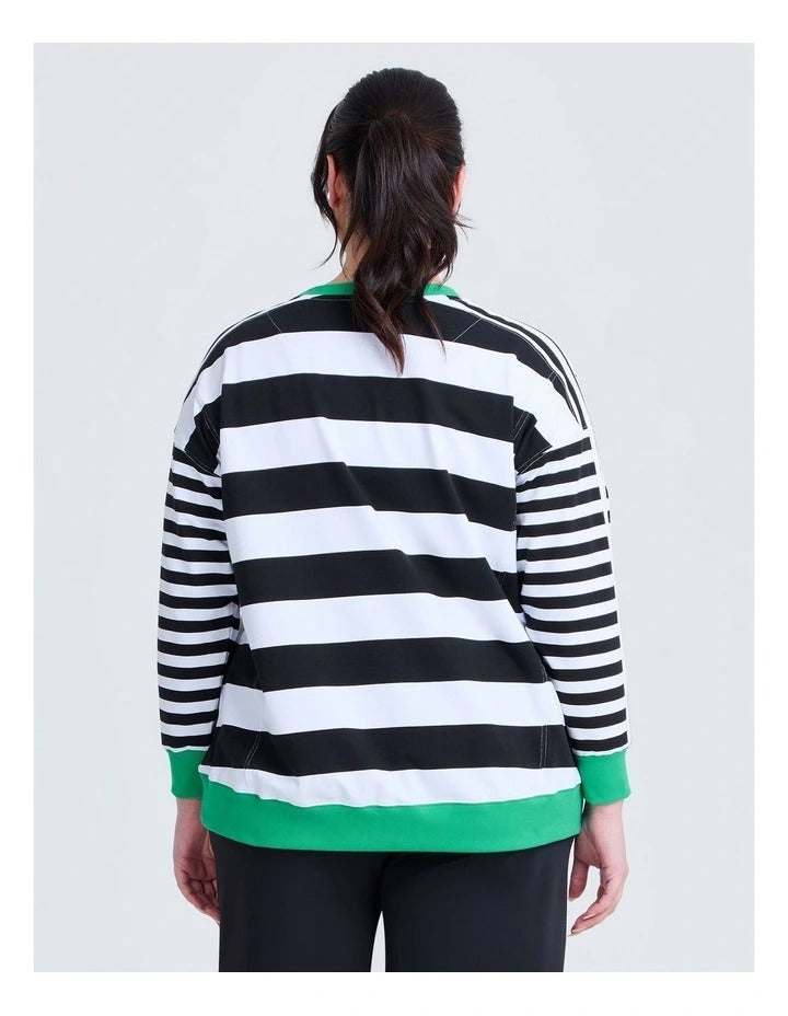 Taking Shape Cotton Stripe Mix Sweatshirt in Black with round neckline, ribbed cuffs, striped design, and long sleeves for plus-size fashionistas