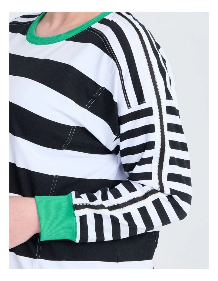 Taking Shape Cotton Stripe Mix Sweatshirt in Black with round neckline, ribbed cuffs, striped design, and long sleeves for plus-size fashionistas