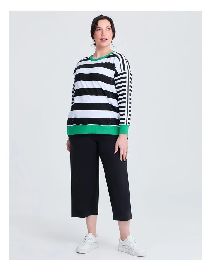 Taking Shape Cotton Stripe Mix Sweatshirt in Black with round neckline, ribbed cuffs, striped design, and long sleeves for plus-size fashionistas