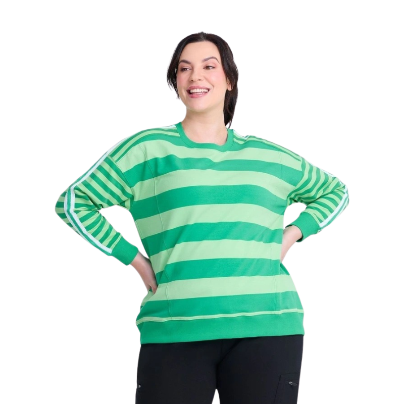 Taking Shape Cotton Stripe Mix Sweatshirt in Lush Green featuring round neckline, ribbed cuffs, striped design, and long sleeves for plus size fashionistas.