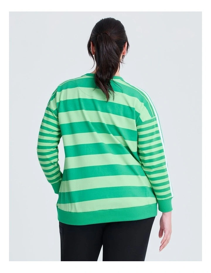 Taking Shape Cotton Stripe Mix Sweatshirt in Lush Green featuring round neckline, ribbed cuffs, striped design, and long sleeves for plus size fashionistas.