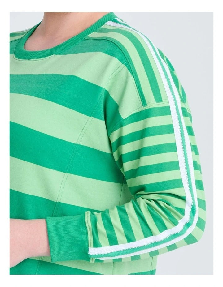 Taking Shape Cotton Stripe Mix Sweatshirt in Lush Green featuring round neckline, ribbed cuffs, striped design, and long sleeves for plus size fashionistas.