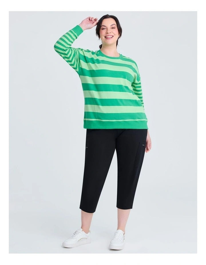 Taking Shape Cotton Stripe Mix Sweatshirt in Lush Green featuring round neckline, ribbed cuffs, striped design, and long sleeves for plus size fashionistas.