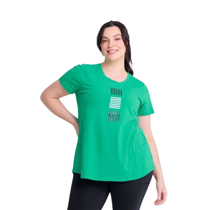 Taking Shape Cotton Active Graphic T-shirt in Lush Green – plus size tee with honeycomb stitch design, round neckline, and bold white graphic