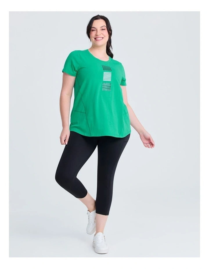 Taking Shape Cotton Active Graphic T-shirt in Lush Green – plus size tee with honeycomb stitch design, round neckline, and bold white graphic