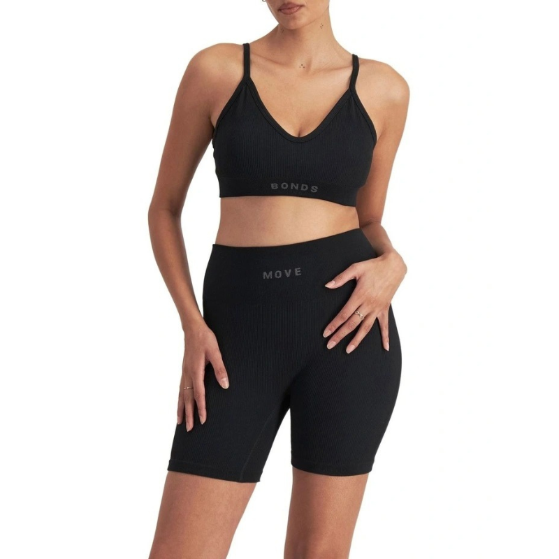 Move Rib Seamless Crop Bra with vee neckline, ribbed stretch fabric, removable cups, and underbust elastic for low impact support