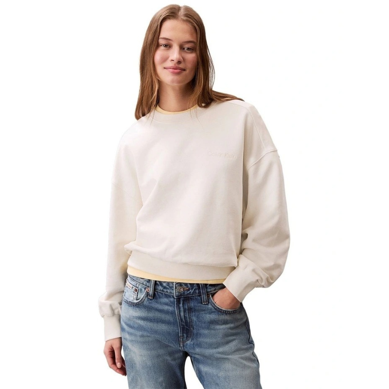 Calvin Klein women’s cotton terry crew neck sweatshirt with long sleeves, ribbed trims, and embroidered logo on chest