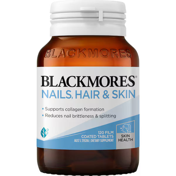 Blackmores Nails Hair & Skin Tablets 120 pack — premium supplement supporting healthy hair growth, strong nails, and radiant skin in a white and amber bottle.