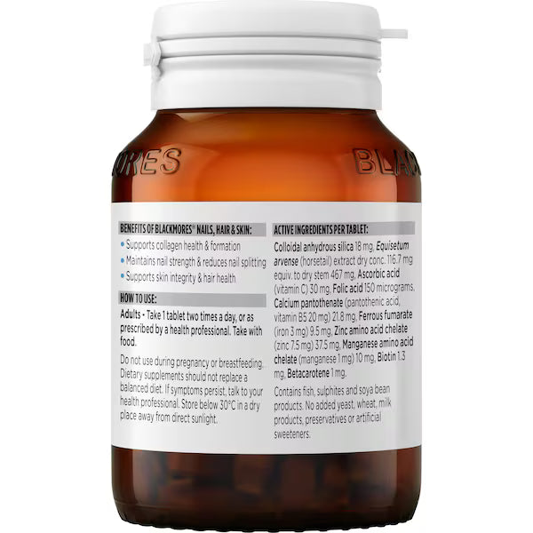 Blackmores Nails Hair & Skin Tablets 120 pack — premium supplement supporting healthy hair growth, strong nails, and radiant skin in a white and amber bottle.
