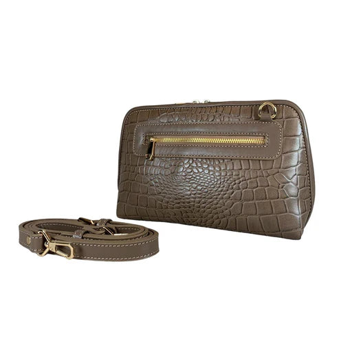 LeatherLuxe Khaki Crocodile-Style Leather Clutch and Shoulder Bag – Elegant Crossbody Handbag for Women