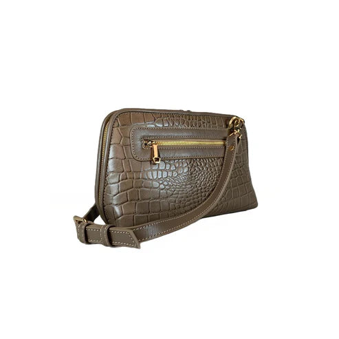 LeatherLuxe Khaki Crocodile-Style Leather Clutch and Shoulder Bag – Elegant Crossbody Handbag for Women