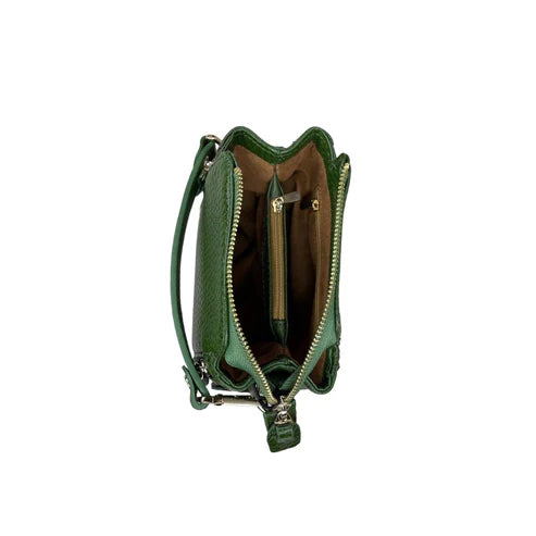 Elegant green leather handbag with gold-tone hardware — LeatherLuxe women’s shoulder bag made from premium genuine leather, ideal for everyday style and fashion.