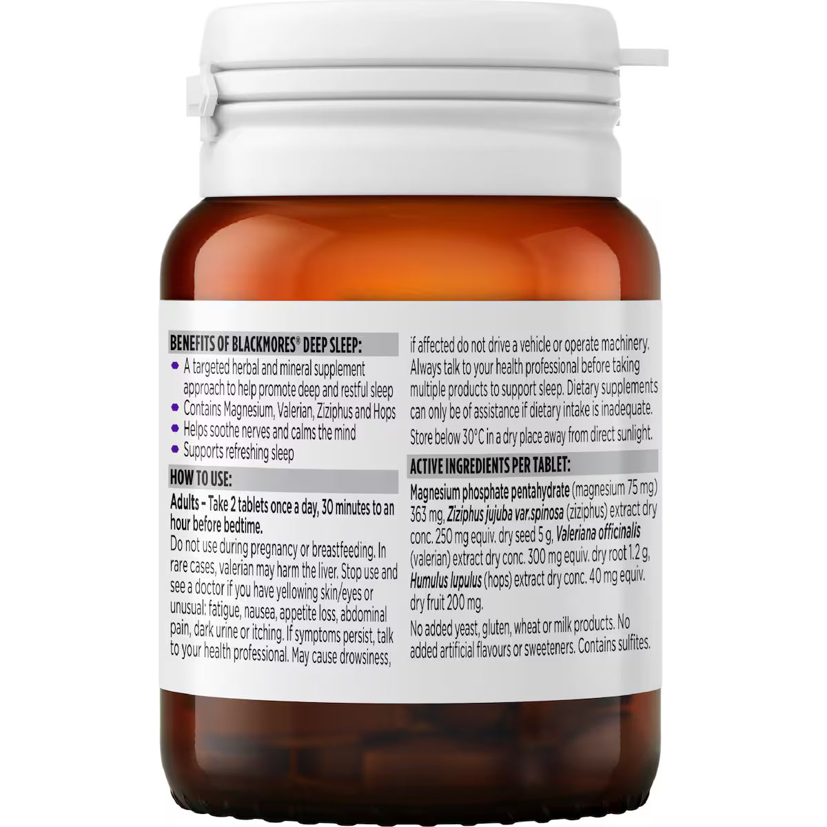 Blackmores Deep Sleep Capsules 30 pack designed to support restful sleep, with a natural blend of ingredients for improved sleep quality and relaxation.
