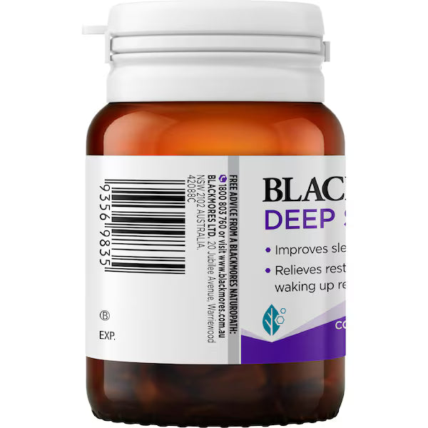 Blackmores Deep Sleep Capsules 30 pack designed to support restful sleep, with a natural blend of ingredients for improved sleep quality and relaxation.