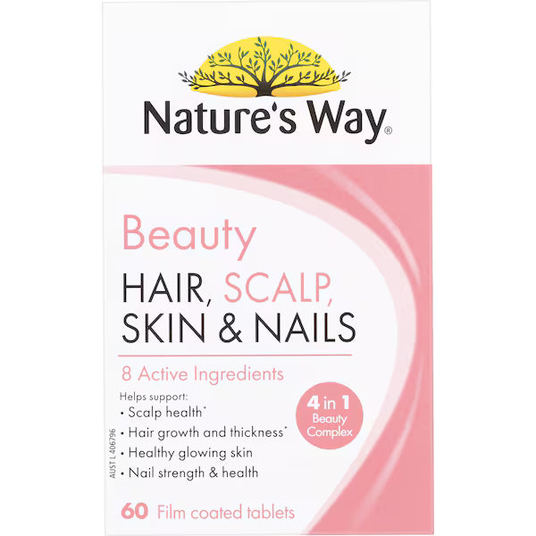 Nature's Way Beauty Hair Scalp Skin & Nails Tablets 60 pack for healthy hair, skin, and nails.