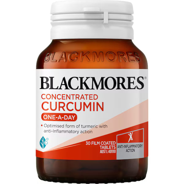 Blackmores Concentrated Curcumin Tablets 30 pack, dietary supplement for joint and inflammation support, with curcumin extract in easy-to-take tablets.