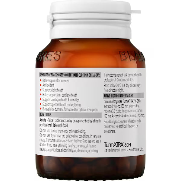 Blackmores Concentrated Curcumin Tablets 30 pack, dietary supplement for joint and inflammation support, with curcumin extract in easy-to-take tablets.
