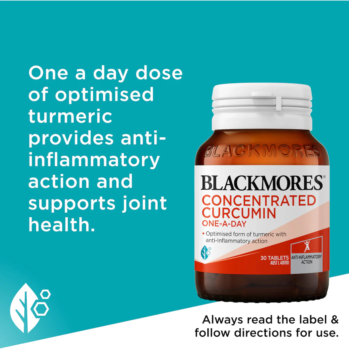 Blackmores Concentrated Curcumin Tablets 30 pack, dietary supplement for joint and inflammation support, with curcumin extract in easy-to-take tablets.