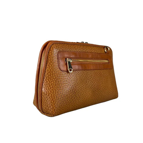 Elegant brown leather clutch bag with detachable shoulder strap, crossbody design, and premium stitching — LeatherLuxe women’s handbag.