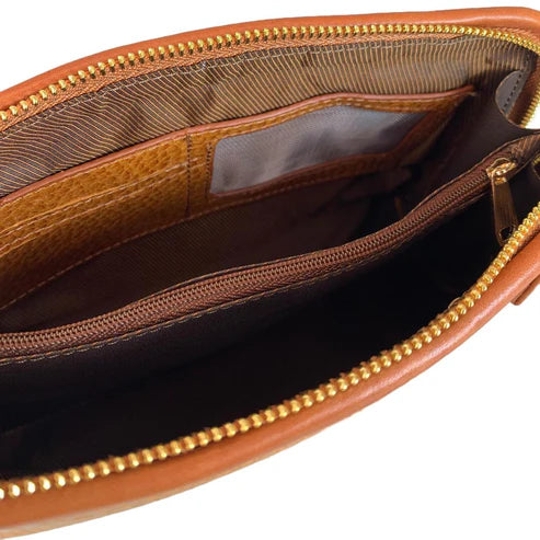 Elegant brown leather clutch bag with detachable shoulder strap, crossbody design, and premium stitching — LeatherLuxe women’s handbag.