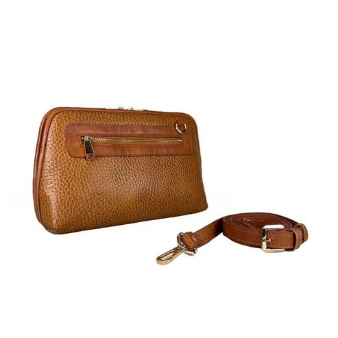 Elegant brown leather clutch bag with detachable shoulder strap, crossbody design, and premium stitching — LeatherLuxe women’s handbag.