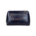 LeatherLuxe navy blue leather clutch bag and shoulder crossbody handbag for women – elegant, premium genuine leather design with adjustable strap and gold accents.
