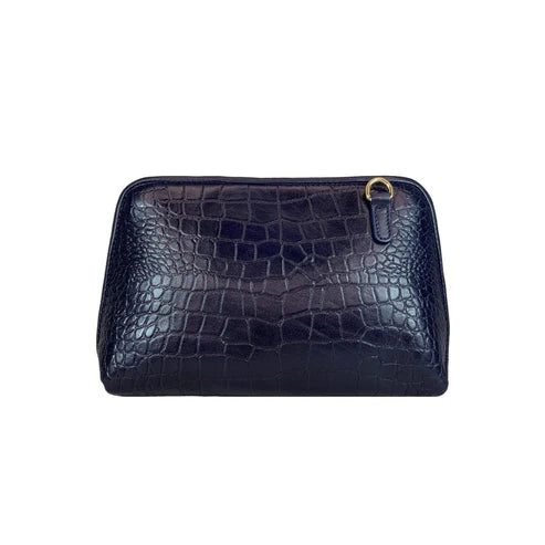 LeatherLuxe navy blue leather clutch bag and shoulder crossbody handbag for women – elegant, premium genuine leather design with adjustable strap and gold accents.