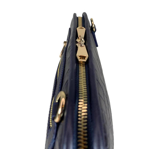LeatherLuxe navy blue leather clutch bag and shoulder crossbody handbag for women – elegant, premium genuine leather design with adjustable strap and gold accents.