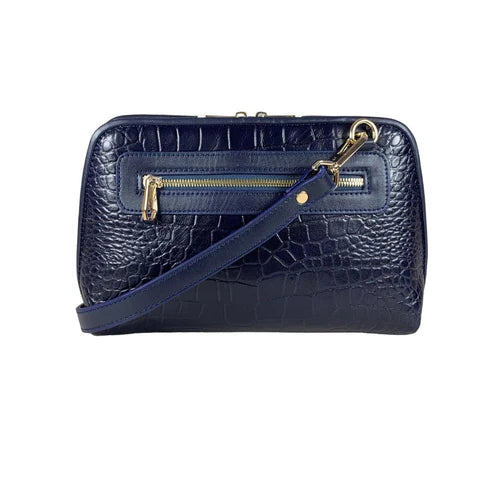 LeatherLuxe navy blue leather clutch bag and shoulder crossbody handbag for women – elegant, premium genuine leather design with adjustable strap and gold accents.