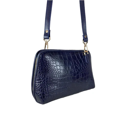 LeatherLuxe navy blue leather clutch bag and shoulder crossbody handbag for women – elegant, premium genuine leather design with adjustable strap and gold accents.