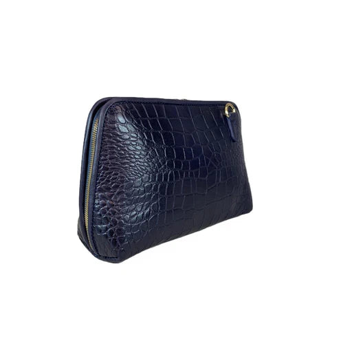 LeatherLuxe navy blue leather clutch bag and shoulder crossbody handbag for women – elegant, premium genuine leather design with adjustable strap and gold accents.