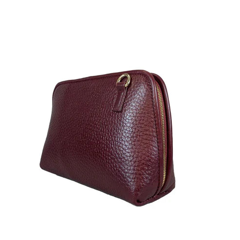 LeatherLuxe dark red genuine leather clutch bag with detachable crossbody and shoulder strap, premium women’s evening purse with gold hardware