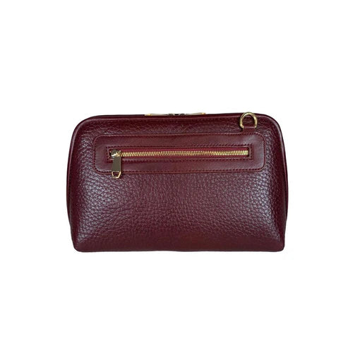 LeatherLuxe dark red genuine leather clutch bag with detachable crossbody and shoulder strap, premium women’s evening purse with gold hardware