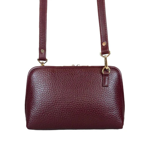 LeatherLuxe dark red genuine leather clutch bag with detachable crossbody and shoulder strap, premium women’s evening purse with gold hardware