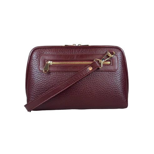 LeatherLuxe dark red genuine leather clutch bag with detachable crossbody and shoulder strap, premium women’s evening purse with gold hardware