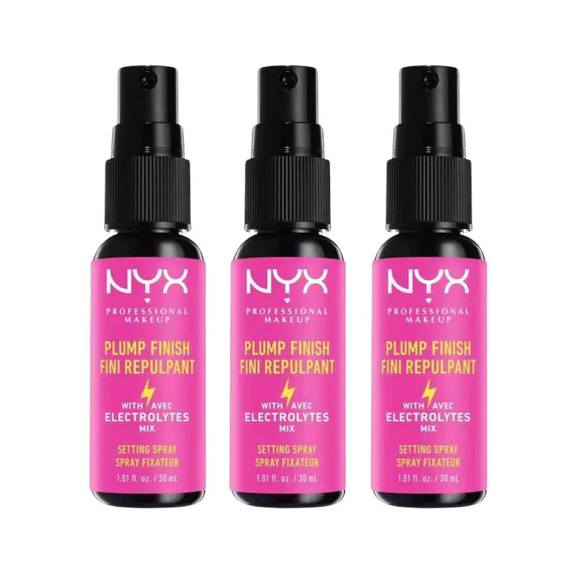 Three bottles of NYX Plump Finish Setting Spray on a white background