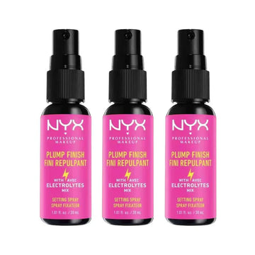 Three bottles of NYX Plump Finish Setting Spray on a white background