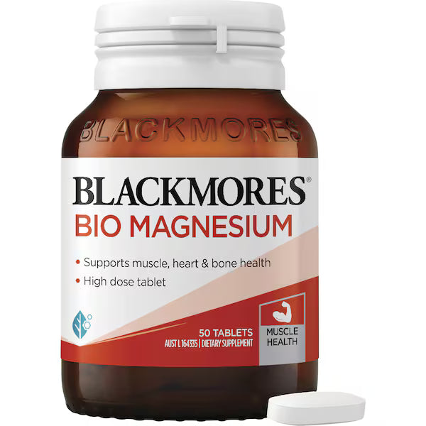 Blackmores Bio Magnesium Muscle Health Tablets 50 Pack, designed to support muscle function and reduce cramps, featuring a white bottle with a green label.